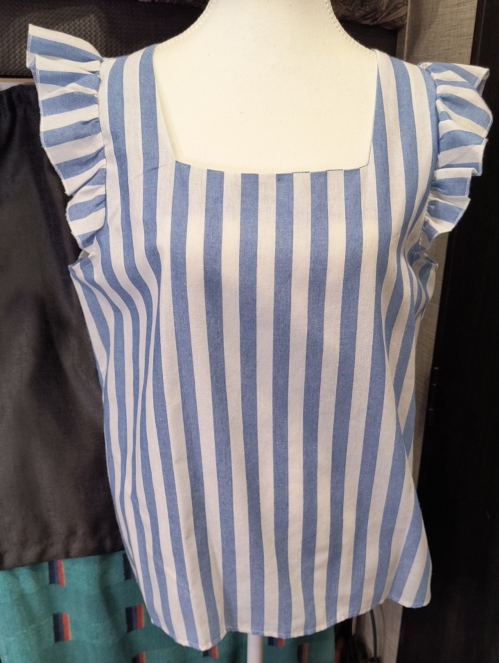 Women's Blue and White Striped Ruffle-Sleeve Top, Square Neck, Large